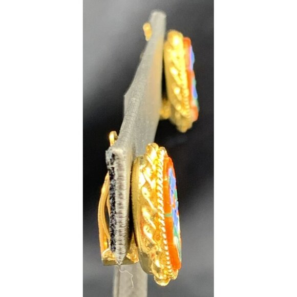 Micro Mosaic Earrings Flower Oval Gold Tone Clip On Stud Post 1.5" Italy - Picture 4 of 6